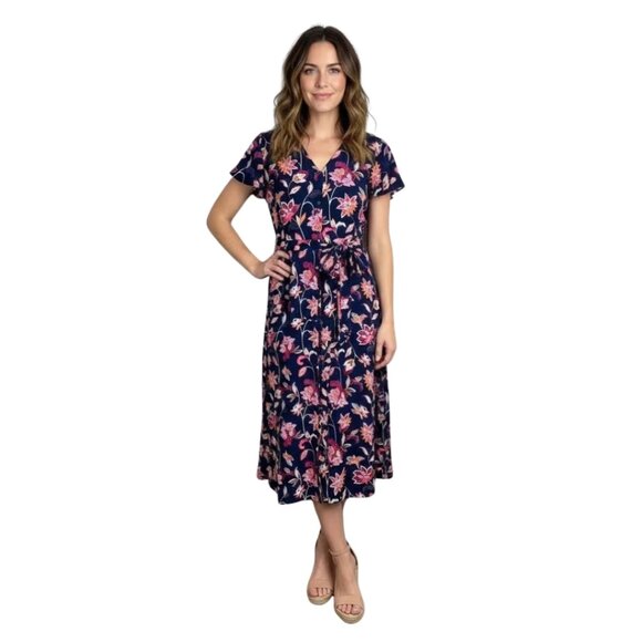 LOFT Dresses & Skirts - Loft NWT Floral Tie Waist Dress Navy Blue & Pink 10 Spring Romantic Button Front